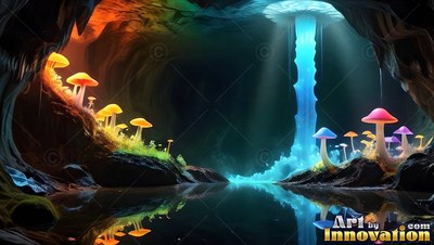 Spilling into a dark cave pool, a blue waterfall flows beside bright mushrooms