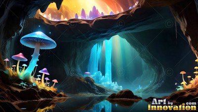 Blue and pink mushrooms grow inside a dark cave pool