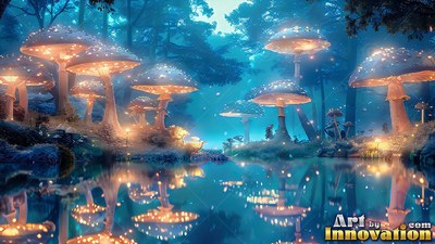 Spotted caps top giant mushrooms standing beside a calm forest pool at night