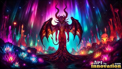 A horned demon stands with wings spread wide under bright pink aurora light