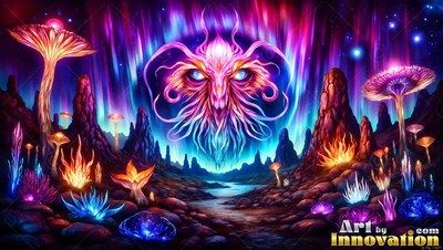 Facing forward over a dark valley, a horned alien face floats beneath purple lights