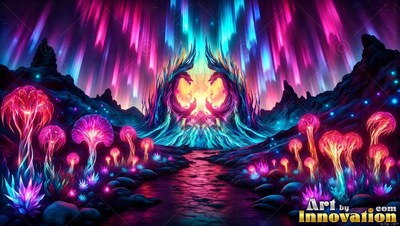 Bright pink mushrooms line a dark path under purple and blue northern lights