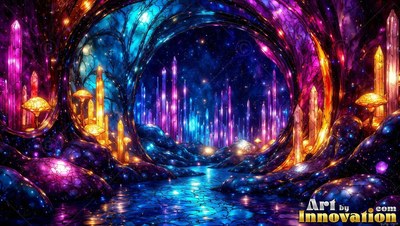 In a dark crystal cave, bright purple and blue spires rise around a pool