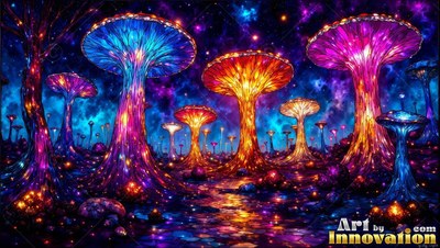 Sprouting across dark ground, giant blue and pink mushrooms shine under starry skies