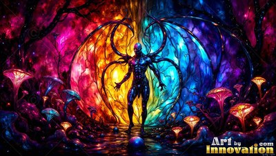 A dark figure with large wings stands among bright mushrooms