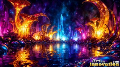 Curled golden stalks rise beside blue crystal spires reflected in a dark pool