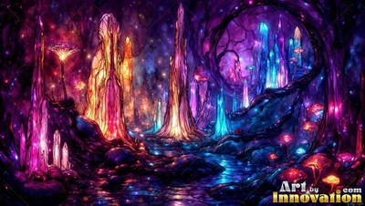 Tall crystal spires rise from a deep cave floor lit with bright neon pink and blue light