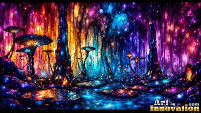 Standing tall in a dark forest, mosaic clear glass mushrooms shine in purple and blue