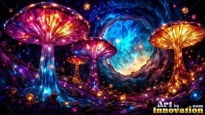 Large purple and gold mushrooms stand before a swirling blue hole in space