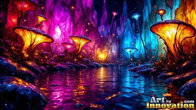 In a shadowy cave pool, bright yellow mushrooms grow beside tall purple crystals