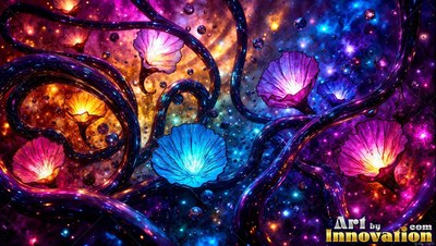 Spreading through starry space, dark glossy vines bloom with bright pink and blue flowers