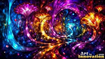 Bright purple and gold mushroom shapes curving in the dark