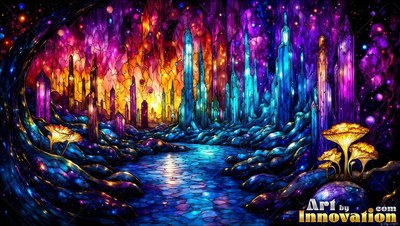 Pointed blue crystal spires rise over a cobblestone path lined with bright mushrooms