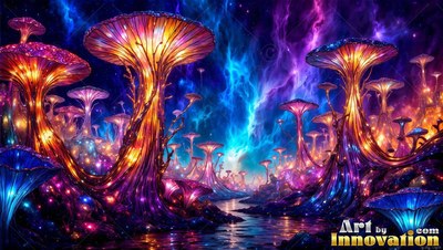 Giant mushrooms rise beside a dark stream beneath neon blue and purple skies