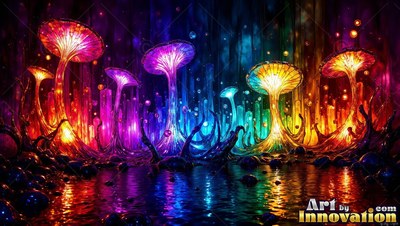 Sprouting upright in dark water, bright mushrooms shine among crystal spires