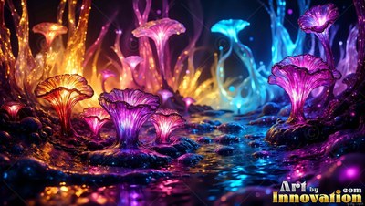 Bright purple and yellow clear glass mushrooms sprout along dark water under warm light