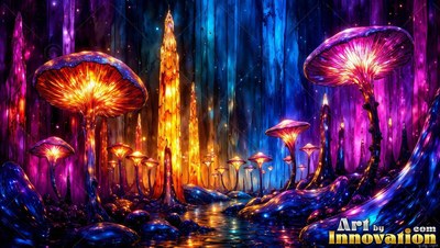 In a dark blue cavern, bright orange and purple mushrooms stand by a stream