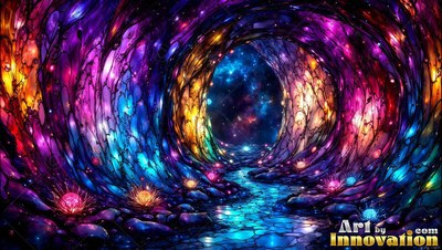 Winding into deep space, a bright colored glass tunnel shines purple and blue