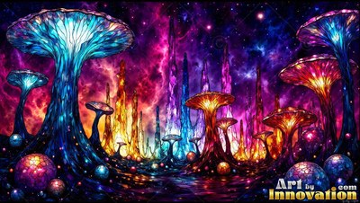 Leaded clear glass mushrooms and spires under a purple sky