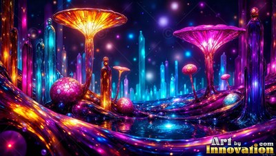 Tall colored glass mushrooms rise beside dark water under bright purple and gold light