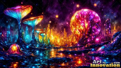 Standing upright across a dark landscape, tinted glass mushrooms shine under stars