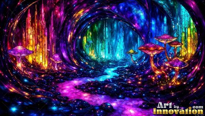 Purple mushrooms line a bright creek winding through a crystal cave