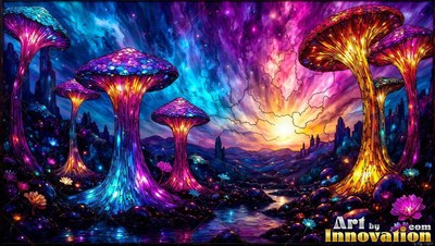 In a colorful night landscape, giant tinted clear glass mushrooms rise above water