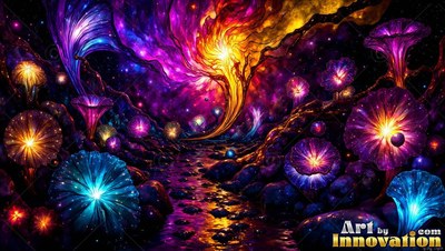 Spreading bright light, round purple flowers line a dark rocky stream under a colorful sky