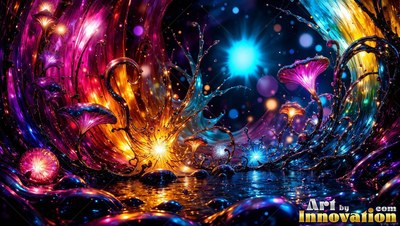 Shiny purple mushrooms growing beside dark water under bright lights