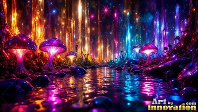 Purple umbrella caps on tall mushrooms line a dark stream beneath crystal pillars