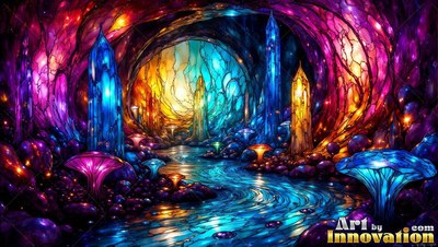 Tall crystals stand along a blue stream inside a cave lit by yellow light in the back