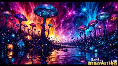 Standing tall across dark water, blue mushrooms rise under pink skies
