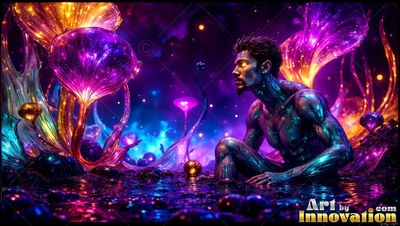 A glittery person sits in dark water beside purple glass plants with gold light