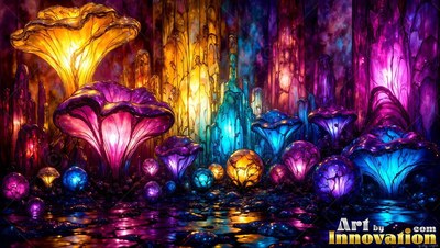 In a shadowy cave, bright purple and yellow mushrooms rise above wet stone