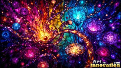 Branching across dark space, glass vines lead to bright purple and blue flowers