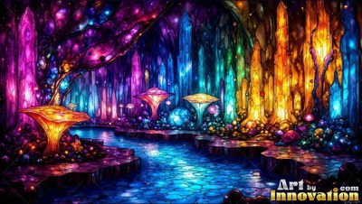 Crystal pillars and bright mushrooms along a blue cave stream