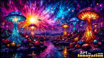 Stained glass caps cap giant mushrooms by a creek under a bright starry sky