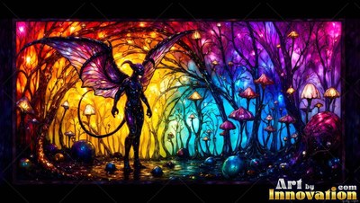 A horned winged figure stands in a mushroom forest filled with bright purple and orange light