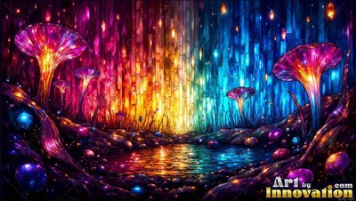 Sprouting upright beside a pool, tall bright mushrooms rise in a colorful cave