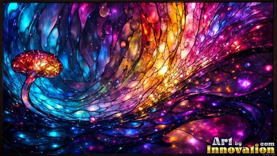 A spotted mushroom curves out from colorful swirls of colored glass