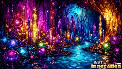 In a dim cave, tall crystal pillars and purple orbs sit beside a blue stream