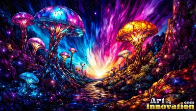 Shining under a colorful sky, stained colored glass mushrooms line a dark path