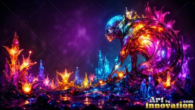 A bright glass creature crouching among sharp spires