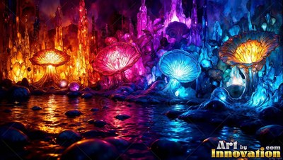 Flared caps on giant mushrooms shine in red, gold, and blue across dark water