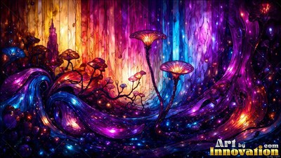 Tall mushrooms rise from swirling waves against vertical panes of purple and gold