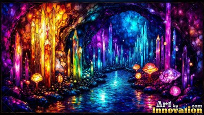 Looking directly into a shadowy cave lined with tall blue and gold crystals