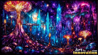 Tall tinted colored glass mushrooms and blue crystals stand under a starry purple sky