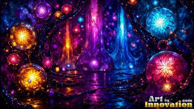 In a dark cavern, bright glass orbs and colorful pillars shine across the ground