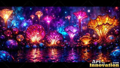 Sprouting along dark water, bright glass mushrooms shine in purple and gold