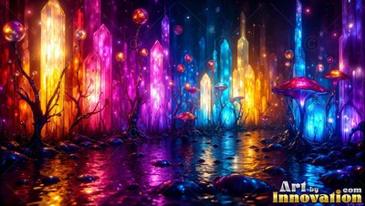 Tall colorful crystals and mushrooms rising from dark water